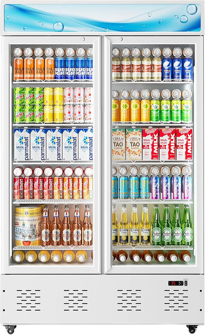47.8'' W Commercial Beverage Refrigerators, 40 Cu.ft Glass Door Refrigerator Commercial Cooler with LED Light and 10 Shelves, Display Refrigerator for Restaurant Store Cafe Bar, White
