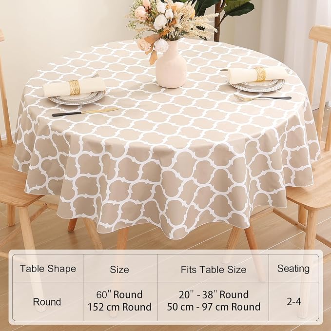 Smiry 2 Pack Round Plastic Table Cloth, Wipeable Spillproof Vinyl Tablecloths with Flannel Backing for Round Tables, Waterproof Plastic Tablecloth for Dining, Camping, and Indoor (60" Round, Khaki)