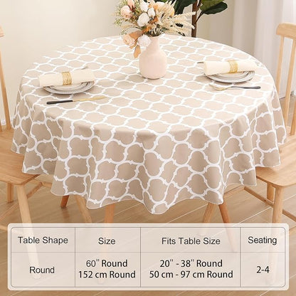 Smiry 2 Pack Round Plastic Table Cloth, Wipeable Spillproof Vinyl Tablecloths with Flannel Backing for Round Tables, Waterproof Plastic Tablecloth for Dining, Camping, and Indoor (60" Round, Khaki)