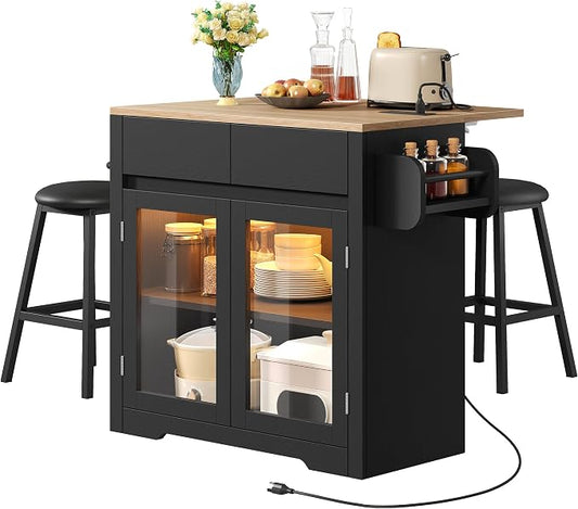 YITAHOME Rolling Kitchen island with Seating and LED Lights, Mobile Storage Islands with Drop Leaf, Dining Table with Power Outlet, 2 Drawers and Soft Stools, Spice/Towel Rack, Lacquered Finish, Black