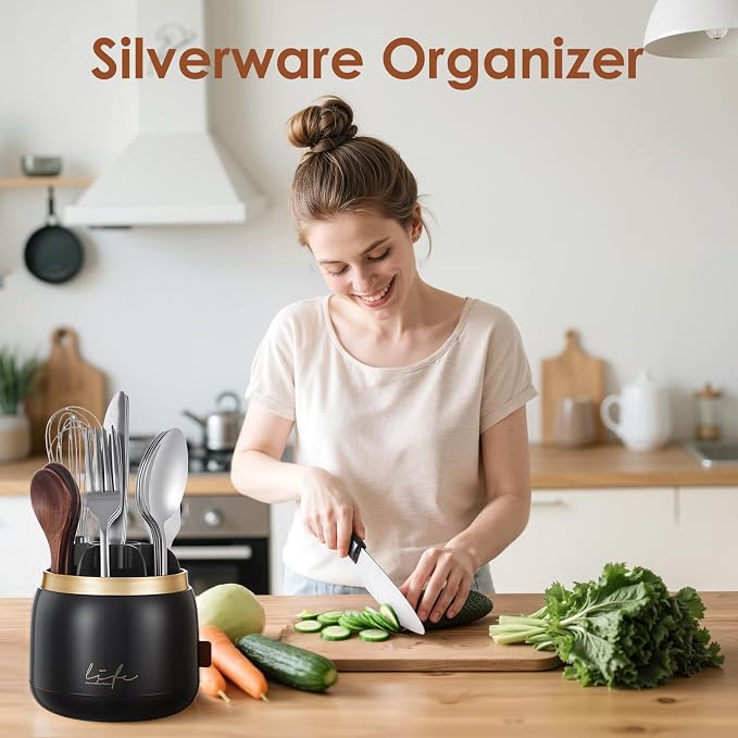 EXIN DECHEN Silverware Organizer with Lid,Cutlery Holder,Black with Gold | Waterproof and Dustproof,360°Rotating,Store Knives Forks Spoons Chopsticks for Kitchen Counter,Table,Party,Outdoor Camping,Rv