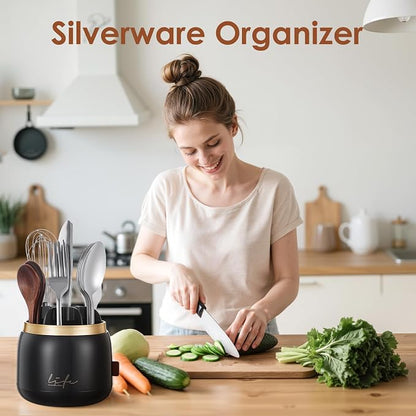 EXIN DECHEN Silverware Organizer with Lid,Cutlery Holder,Black with Gold | Waterproof and Dustproof,360°Rotating,Store Knives Forks Spoons Chopsticks for Kitchen Counter,Table,Party,Outdoor Camping,Rv
