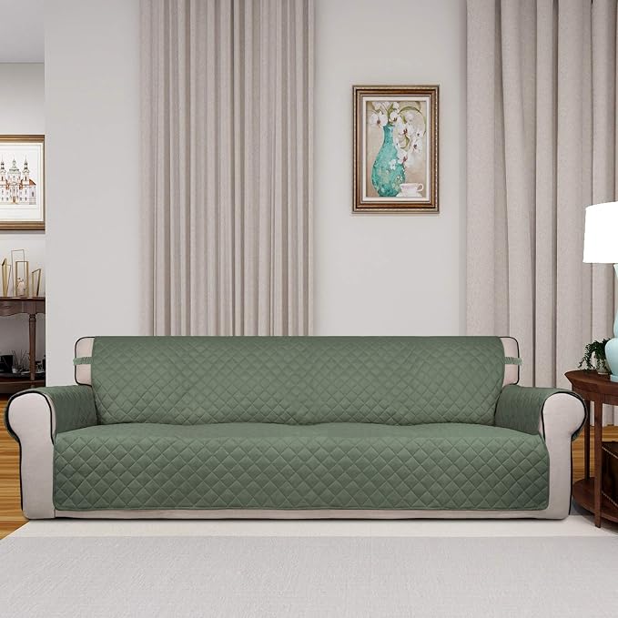 PureFit Reversible Quilted Couch Covers for Dogs Sofa Cover 4 Seater 88" | Greyish Green/Beige, Water Resistant Couch Protector, Washable Pet Couch Cover with Non Slip and Elastic Straps For Kids