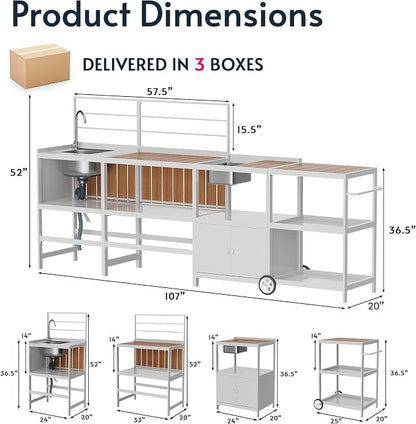 Modular Outdoor Kitchen Island with Sink, 4Pcs Aluminum Outdoor Kitchen Kit | Aluminum Frame, Weatherproof, Modular Grill Cart & Ice box, Large Countertop & Wall Hanging Design, For Patio BBQ, Party