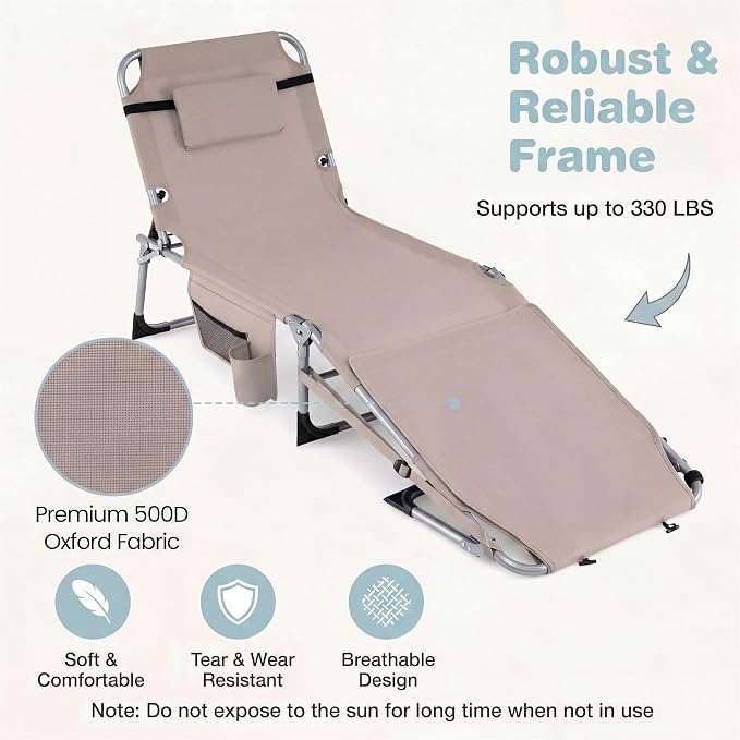 Goplus Tanning Chair with Face Arm Holes, Portable Sunbathing Chair with 4-Level Backrest & Head Pillow, Patio Lay Flat Folding Chaise Lounge with Side Pocket & Shoulder Strap for Poolside, Beach