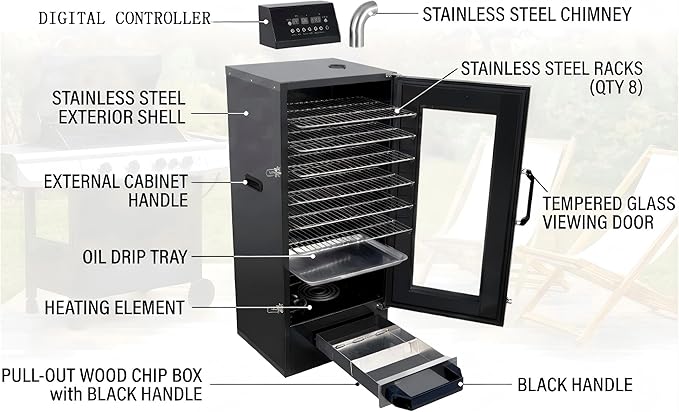 CLIVIA 8-Layer Electric Smoker with View Window, 1600W Vertical Digital BBQ Smoker, Front Loading Wood Chip Tray, 0-24H Timer & 86-257°F Temp Control, Meat Smoker for Jerky, Sausage, Fish (DSH-S45D)