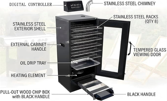 CLIVIA 8-Layer Electric Smoker with View Window, 1600W Vertical Digital BBQ Smoker, Front Loading Wood Chip Tray, 0-24H Timer & 86-257°F Temp Control, Meat Smoker for Jerky, Sausage, Fish (DSH-S45D)