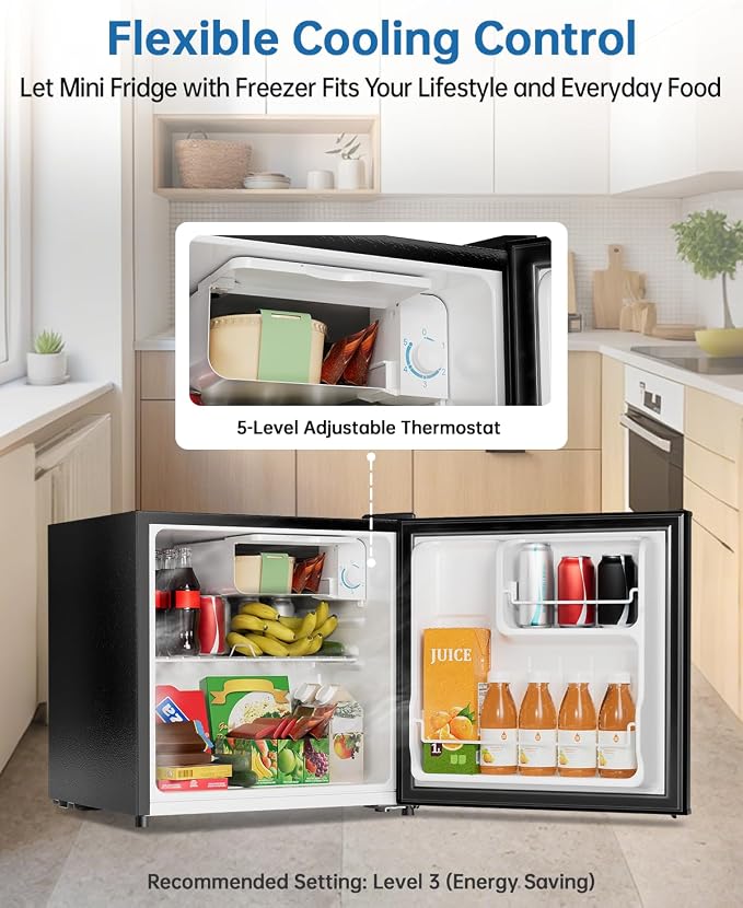 1.6 Cu Ft Mini Fridge with Freezer - 30dB Ultra Quiet Upright Freezer for Bedroom, Dorm & Office | Compact Fridge, Adjustable Thermostat, Reversible Door, ETL Certified