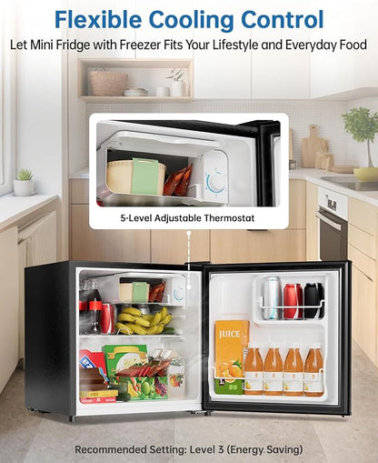 1.6 Cu Ft Mini Fridge with Freezer - 30dB Ultra Quiet Upright Freezer for Bedroom, Dorm & Office | Compact Fridge, Adjustable Thermostat, Reversible Door, ETL Certified