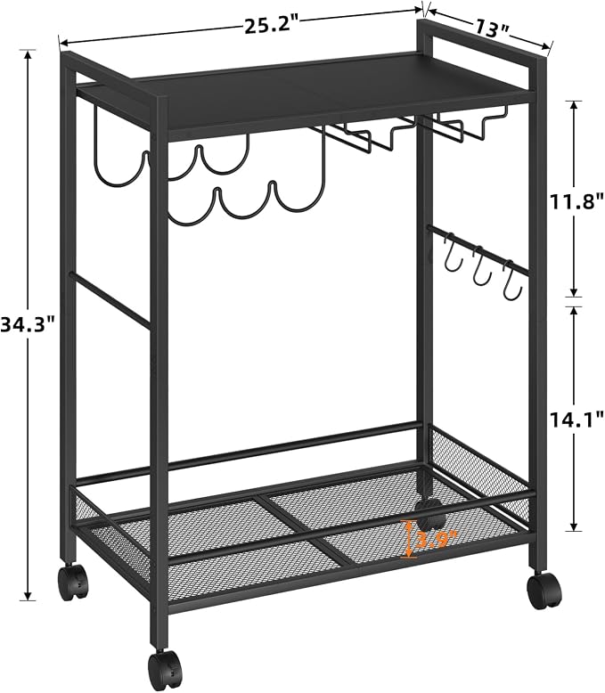 Joaxswe Bar Cart, Home Bar Serving Cart with 2-Tier Shelf,Rolling Beverage Cart with Wheels,Mobile Kitchen Shelf,Modern Black Wine Drink Cart with Wine Rack and Glass Holder for Kitchen,Dinning Room