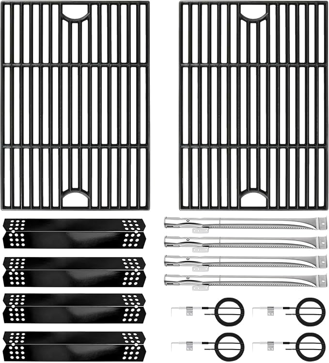 CANDANA Replacement Parts for Nexgrill 4 Burner 720-0830H 720-0830D 720-0783C 720-0783E 720-0958A, 17" Cast Iron Grill Grate, Grill Burner, Heat Plate, Igniters for 5 Burner 720-0888N