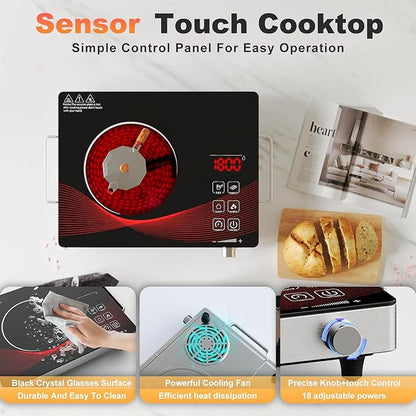 Portable Electric Stove 1800W, 110V Ceramic Hot Plate, Single Burner Cooktop with Knob Control, Timer, Safety Lock, Portable Cooking for Home, Office, RV