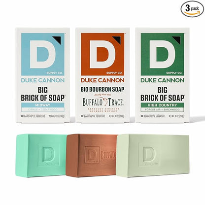 Duke Cannon Big Brick of Soap for Men, 3-Pack Variety – Triple Milled, 10oz Bars – Long-Lasting Mens Bar Soap with Natural Oils, Includes Bourbon, Citrus Cedar, High Country Scents