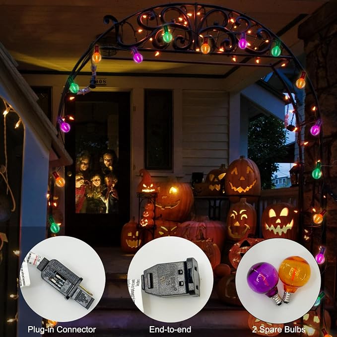SUNSGNE 25FT Globe Outdoor Halloween String Lights G40 LED String Lights with 27 LED Shatterproof Clear Orange Green Purple Bulbs(2 Spare) for Patio Balcony Backyard Pergola Decor