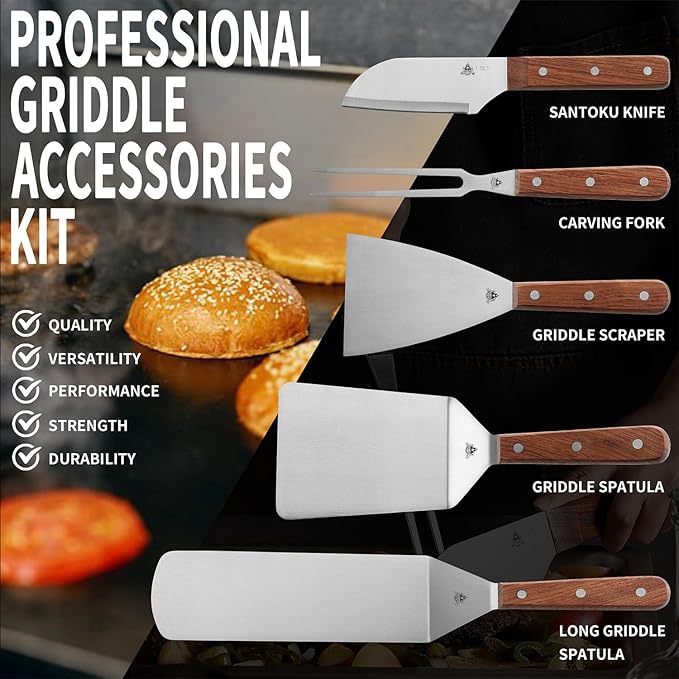 GRILLGEN Heavy Duty Griddle Accessories Kit, Flat Top Grill Accessories Set with Full-Tang Rosewood Handles, Stainless Steel Spatula Set with Santoku Knife for Smash Burger, Hibachi, Camping & BBQ