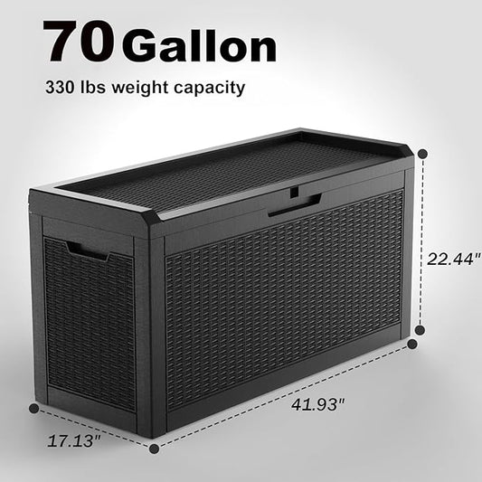 70 Gallon Outdoor Storage Box Waterproof Outside Resin Deck Box, Lockable Storage Bin for Patio Furniture,Garden Tools,Cushions(Black)