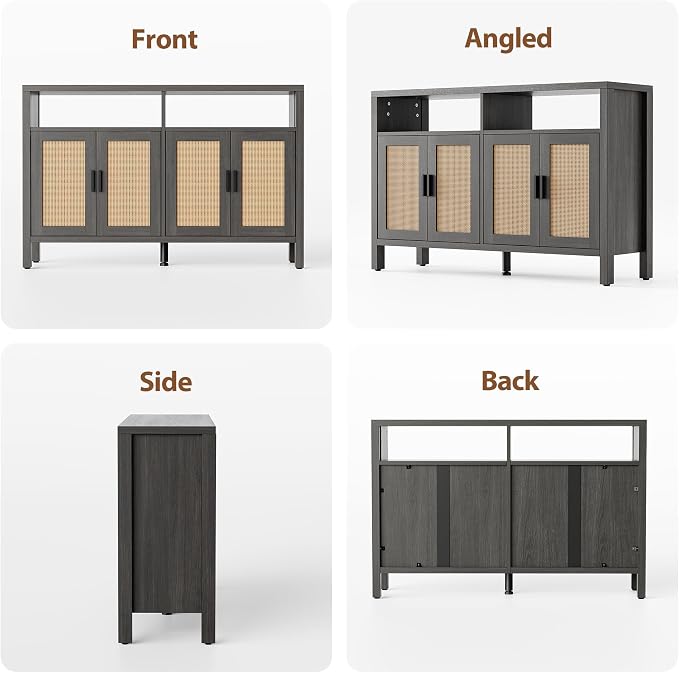Rattan Buffet Cabinet with Storage, Sideboard with Doors, Console Table, Farmhouse Coffee Bar, Modern Wood Storage Cabinets(Brown Black 2.0)