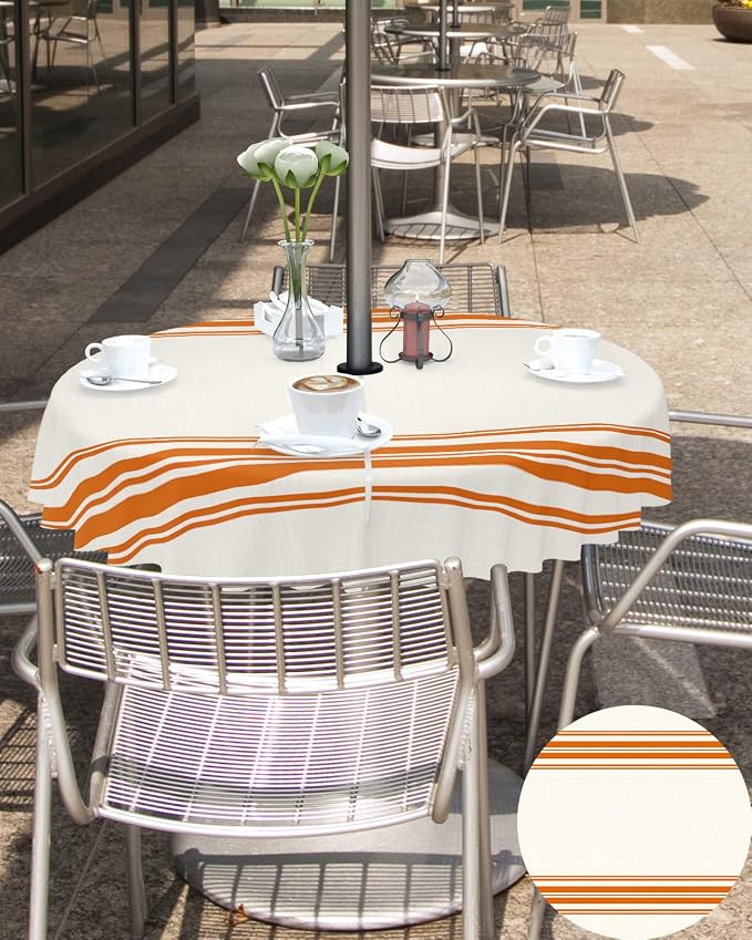 Queenker Fall Outdoor Tablecloth with Umbrella Hole, Farmhouse Orange Stripe Round Tables Zippered Table Cloth Waterproof Tabletop Cover Collection for Patio, Garden, Picnic, Camping, Dining, Dining