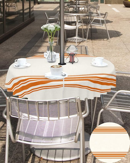 Queenker Fall Outdoor Tablecloth with Umbrella Hole, Farmhouse Orange Stripe Round Tables Zippered Table Cloth Waterproof Tabletop Cover Collection for Patio, Garden, Picnic, Camping, Dining, Dining
