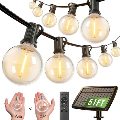 addlon 50FT Solar String Lights for Outside G50 Waterproof | with USB Port Solar Patio Lights Outdoor Solar Powered, 3 Light Modes for Backyard Porch Garden Market Bistro Camping