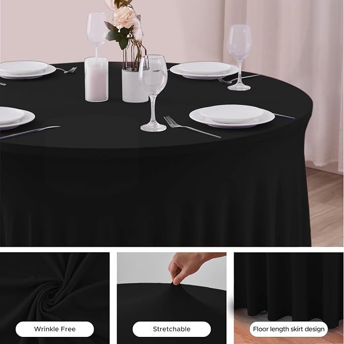 Fitted Black Spandex Table Skirts for Wedding Party,60 Inch Round,4 Pack | Spandex Table Covers, For 5 Ft Wedding Cake Tables, Wrinkle Resistant, Ruffle Design Banquets, Baby Showers, Parties