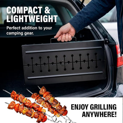 Charcoal Grill for 8 Skewers - Portable Barbecue 16.9"×11.8"×21.2" Kabob Camp Grills - Foldable Metal Mangal - Kebab Shish - BBQ for EDC Picnic Outdoor Cooking Camping Hiking (Skewers Not Included)