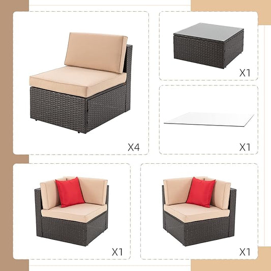 Shintenchi 7 Pieces Patio Furniture Sets Outdoor All-Weather Sectional Patio Sofa Set PE Rattan Manual Weaving Wicker Patio Conversation Set with Glass Table&Ottoman Cushion and Red Pillows, Beige