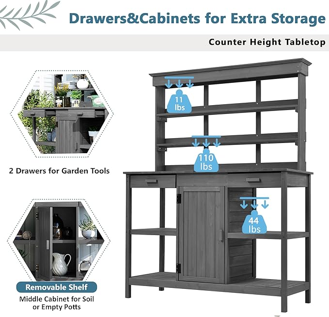 Merax 66" Large Outdoor Farmhouse Wooden Potting Bench Table, Garden Workstation with 2 Drawers, Cabinet, and Open Shelves for Backyard, Mudroom, Grey