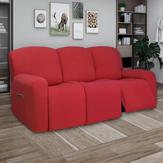 PureFit Super Stretch 3 Seats Recliner Sofa Couch Cover with Pocket | Non Slip Soft Sofa Slipcover, Washable Spandex Reclining Furniture Protector for Kids, Pets (Recliner Sofa, Red)