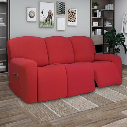 PureFit Super Stretch 3 Seats Recliner Sofa Couch Cover with Pocket | Non Slip Soft Sofa Slipcover, Washable Spandex Reclining Furniture Protector for Kids, Pets (Recliner Sofa, Red)