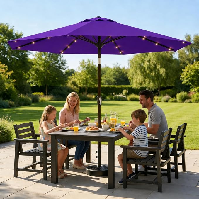 10FT Solar Lighted Patio Umbrella, Outdoor Table Market Umbrellas with Push Button Tilt and Crank, 32 LED Lights, 8 Sturdy Ribs, UV-Resistant for Deck, Garden, Pool