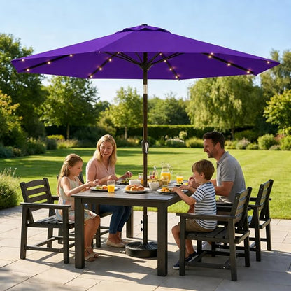 10FT Solar Lighted Patio Umbrella, Outdoor Table Market Umbrellas with Push Button Tilt and Crank, 32 LED Lights, 8 Sturdy Ribs, UV-Resistant for Deck, Garden, Pool