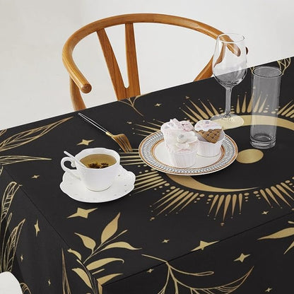 Sun Moon Tablecloth Vintage Boho Astrology Gold Celestial Star Galaxy Space Table Cloth Water Resistant Wipeable Table Cover for Picnic Party Holiday Kitchen Dinner Table 55"x75"