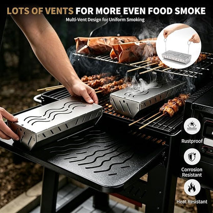 2PCS Stainless Steel Smoker Box for Weber, Gas Grill Smoker Box with 2 Hooks, Wood Chip Box for Pellet Grill, Durable BBQ Smoking Accessory for Outdoor Cooking,Grilling Gifts for Men
