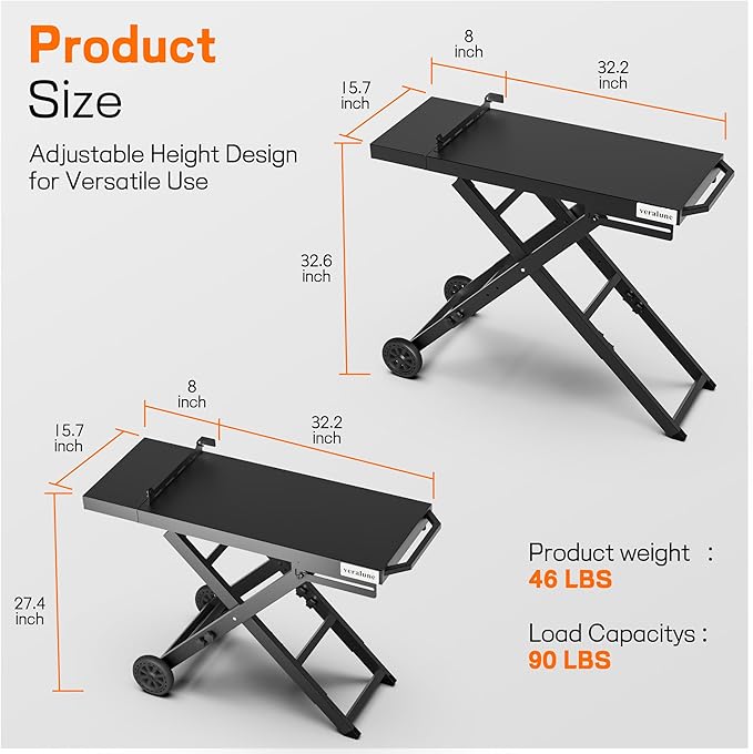 veralune Folding Grill Table, Outdoor Prep Table with 2 Wheels, Adjustable Height Portable Grill cart for Outdoor Cooking Camping BBQ Tailgating Picnicking
