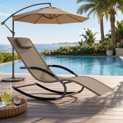 Garvee Outdoor Lounge Chair Rocking Chair Lawn Chair w/Non-Slip Base, Brown | Quick-drying, breathable mesh fabric; water-resistant and easy to clean