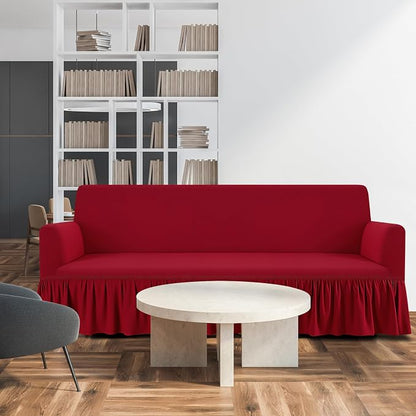 Fanfanwin 3 Pcs Sofa Slipcover Set for Couch Cushion Durable Washable High Elastic Stretchable Furniture Couch Covers with Skirt for Sofa Loveseat Arm Chair (Burgundy,Milk Silk)