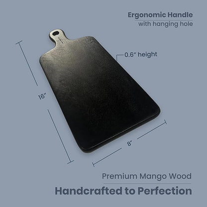 The Fine Living Co. Black Charcuterie Board, Paddle Board with Long Handle, Mango Wood Serving Board, Black Cutting Board, Serving Platter for Meat, Pizza, Food-Grade Wooden Serving Trays, 16”x8”