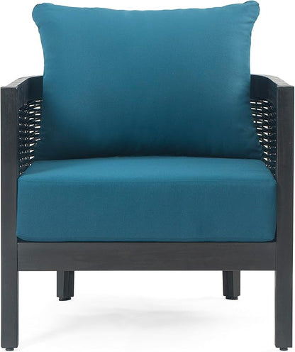 Christopher Knight Home Newine Acacia Wood Patio Accent Chair, Wooden Lounge Chair Outdoor, Wicker Club Chair with Removable Cushion, Comfy Reading Chair for Backyard/Garden/Balcony, Black+Dark Teal
