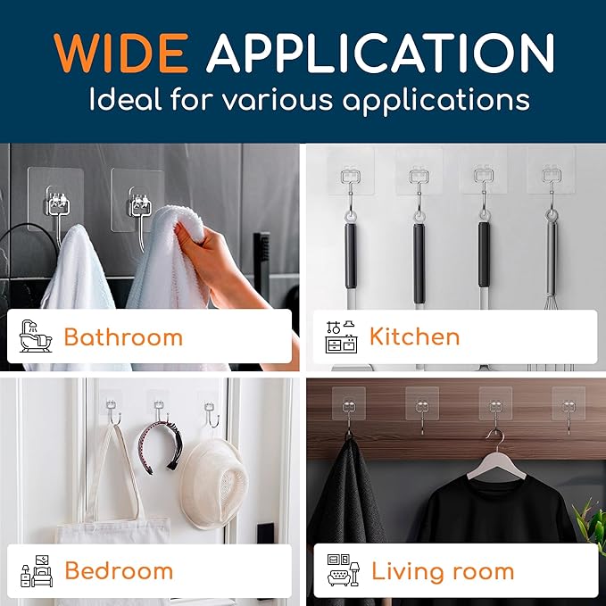 Adhesive Large Wall Hooks for Hanging Heavy Duty 22 lbs Hooks for Walls No Drill, Towel Sticky Clear Hooks, Waterproof, Home, Bathroom, Kitchen, Office, and Outdoor 40 Pack