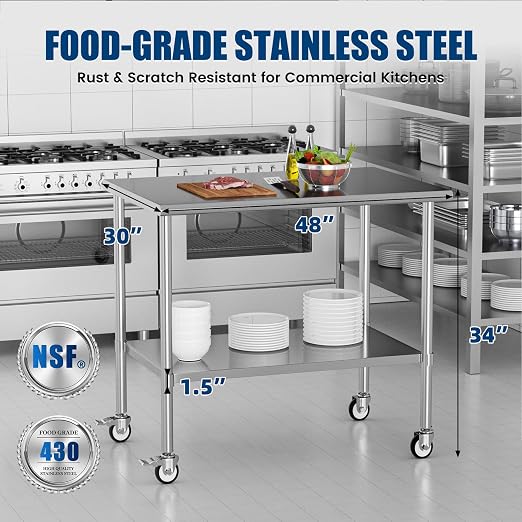 Stainless Steel Work Table with Wheels, 30x48 Inch NSF Kitchen Prep Table with Adjustable Undershelf for Commercial Restaurant, Garage, Outdoor BBQ