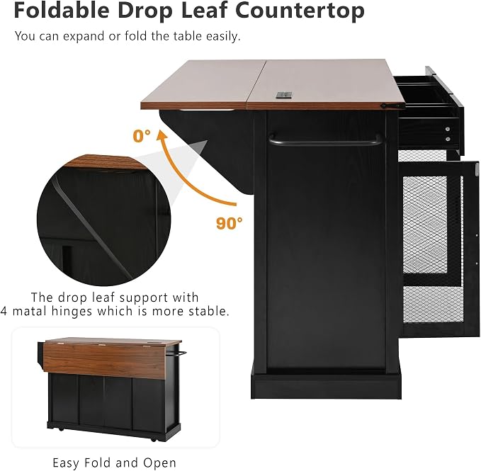 Bellemave 58" Farmhouse Kitchen Island cart with Charging Station and with Storage, Sliding Barn Door & Metal Grid Side Door, Rolling Kitchen Island Table with 5 Wheels with Spice Rack, Black