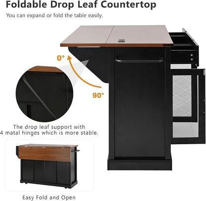 Bellemave 58" Farmhouse Kitchen Island cart with Charging Station and with Storage, Sliding Barn Door & Metal Grid Side Door, Rolling Kitchen Island Table with 5 Wheels with Spice Rack, Black