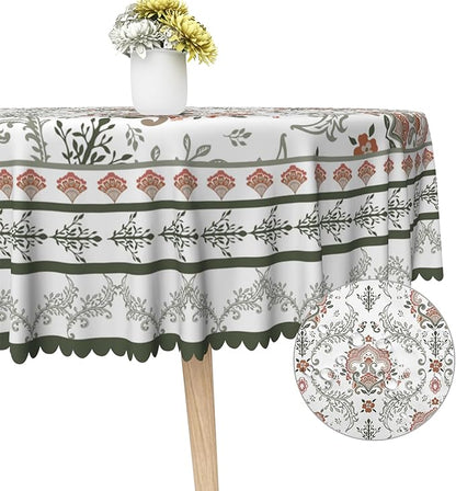 Rustic Floral Tablecloth 60x60 Inch Round Green Pink Flower Boho Spring Wrinkle Resistant Table Cloth Washable Seasonal Retro Circle Table Cover for Home Restaurant Picnic Camping 60x60 Inch