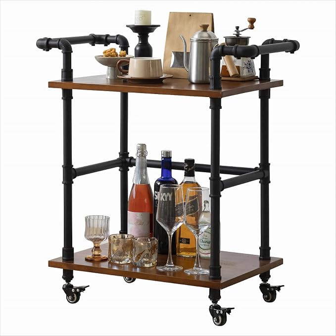 Industrial Pipe Bar Cart, Solid Wood Serving Cart, Rolling Kitchen Cart | Wine Rack Carts on Wheels with Shelves, Tea Liquor Shelves/Holder, Bar Furniture for Home Kitchen Office Living Room