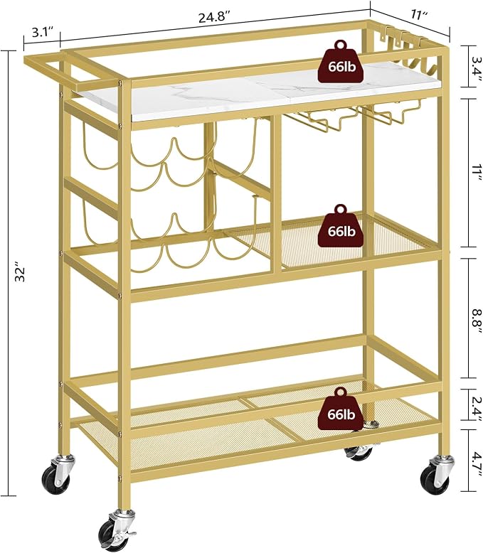 MAHANCRIS Bar Cart for Home, 3-Tier Serving Cart with Wheels and Handle, Beverage Cart with Wine Rack and Glass Holders, Rolling Wine Cart for Kitchen, Dining Room, Gold and White RCJM6101