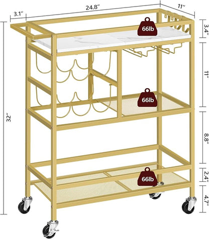MAHANCRIS Bar Cart for Home, 3-Tier Serving Cart with Wheels and Handle, Beverage Cart with Wine Rack and Glass Holders, Rolling Wine Cart for Kitchen, Dining Room, Gold and White RCJM6101