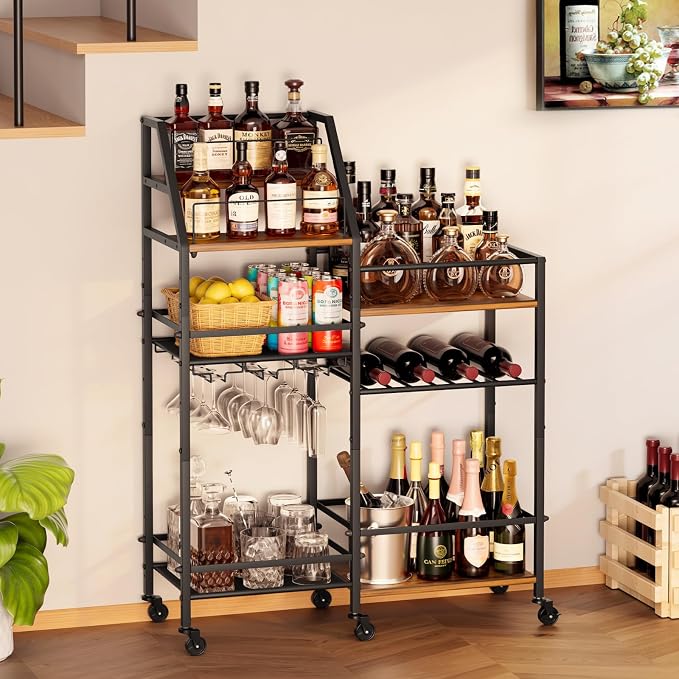 VINAEMO Rolling Bar Cart with Wine Glass Holder, Bar Carts for The Home, Bar Stand for Home, Small Mini Bar for Whiskey Wine, Liquor Cart for Home Bar, Alcohol Cabinet for Bar, Kitchen, Dining Room