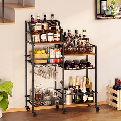 VINAEMO Rolling Bar Cart with Wine Glass Holder, Bar Carts for The Home, Bar Stand for Home, Small Mini Bar for Whiskey Wine, Liquor Cart for Home Bar, Alcohol Cabinet for Bar, Kitchen, Dining Room