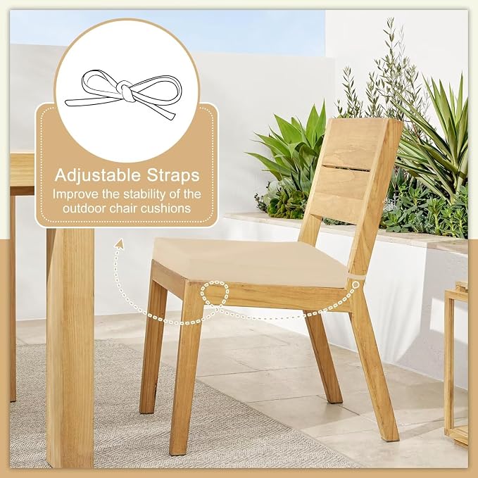 Cozyide Outdoor Chair Cushions, Waterproof Patio Seat Cushions with Adjustable Straps, Square Corner Patio Chair Cushions for Garden, Beige, 18.5x16x3 Inch (Pack of 4)